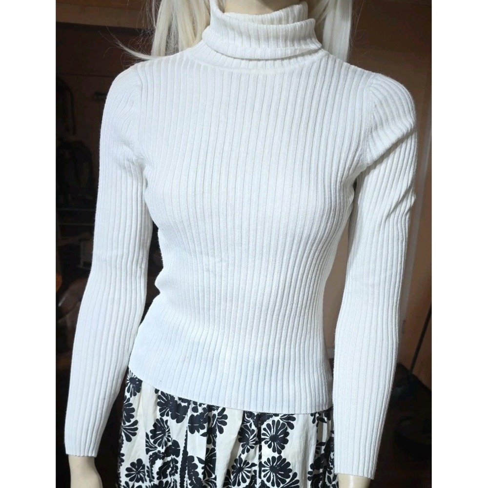 Vintage Y2K Fitted Ribbed Women Turtleneck Jrs L Cream Classic Preppy Fisherman